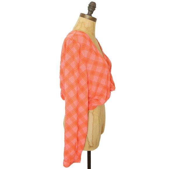 BP Nordstrom Wrap Surplice Crop Ian Bias Top L Orange Plaid Long Sleeve NEW B23 - Picture 3 of 6